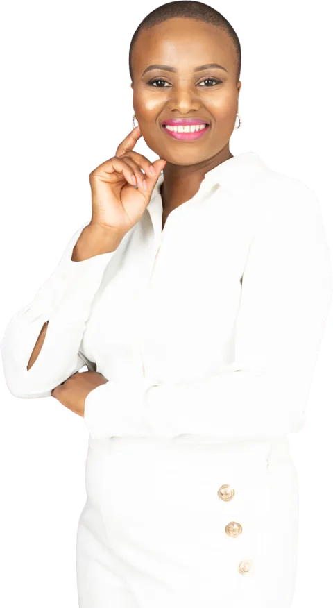 Cebisa Madlomo, founder of Fruitfulness Initiative, smiling in a white suit